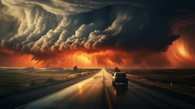 Dramatic stormy sky with lightning over highway at sunset