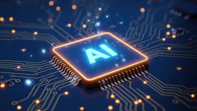 Illuminated AI symbol within a computer chip on a circuit board, with glowing particles