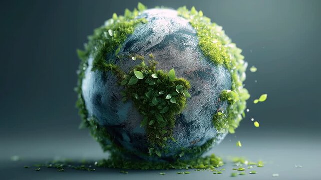 A highly detailed globe with lush greenery symbolizing natures growth and environmental themes on a clean surface dynamic movement captivating scenes atmospheric lighting