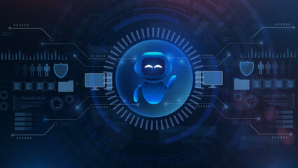 Obraz premium A friendly blue robot surrounded by futuristic technology and data interfaces, symbolizing artificial intelligence and innovation.
