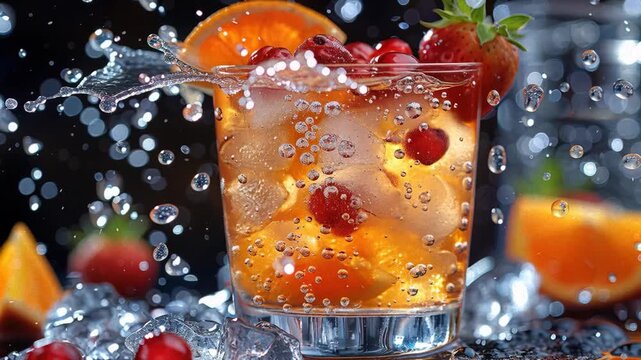 Close-up of a refreshing drink with floating ice cubes, fruit splatters, and rising bubbles Bright lighting emphasizes textures - AI-Generated