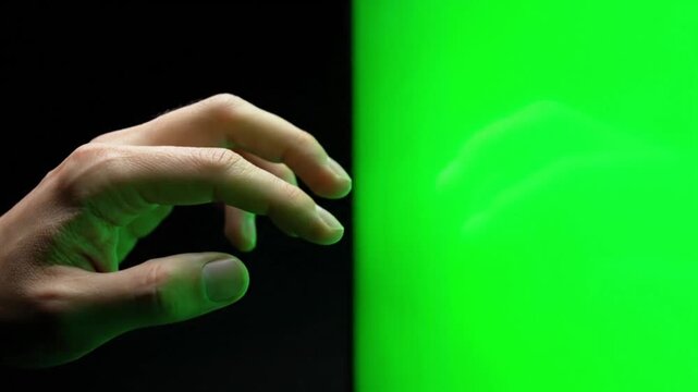 Close-up of a human hand reaching towards a vibrant green screen with subtle reflections