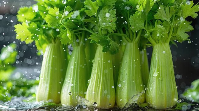 Close-up of celeriac in slow motion, water droplets, overlapping pattern, green color, bright white reflections, shallow depth of field, outdoor lighting, natural setting - AI-Generated
