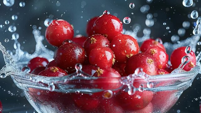 Close-up, bowl of vibrant red berries possibly cherries or cranberries on dark background, water droplets, slow motion, contrasting lighting, freshness, vitality, round reflective bow - AI-Generated