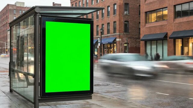 Bus stop billboard with chroma key screen on city street with traffic moving in timelapse. Concept of outdoor advertising and marketing campaign.