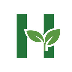 Green Leaf Letter H Logo, Eco Alphabet Vector, Nature Typography Design, Botanical Initial Icon, Flat Organic Font Illustration