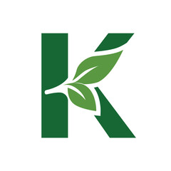 Green Leaf Letter K Logo, Eco Alphabet Vector, Nature Typography Design, Botanical Initial Icon, Flat Organic Font Illustration