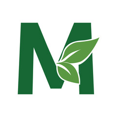 Green Leaf Letter M Logo, Eco Alphabet Vector, Nature Typography Design, Botanical Initial Icon, Flat Organic Font Illustration