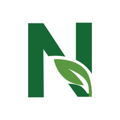 Green Leaf Letter N Logo, Eco Alphabet Vector, Nature Typography Design, Botanical Initial Icon, Flat Organic Font Illustration