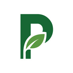 Green Leaf Letter P Logo, Eco Alphabet Vector, Nature Typography Design, Botanical Initial Icon, Flat Organic Font Illustration