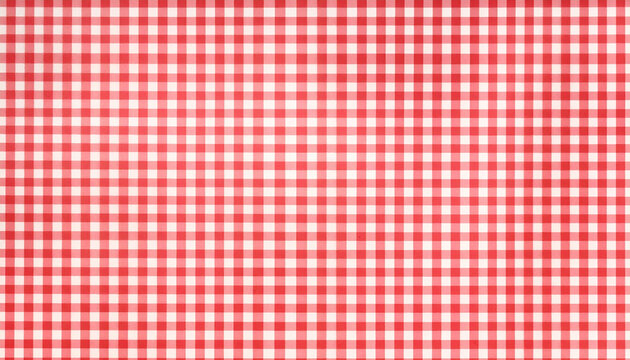 Red and white gingham tablecloth background, classic picnic checkered pattern. Seamless fabric texture, summer picnic design, restaurant menu backdrop, BBQ party theme, and rustic kitchen decoration.