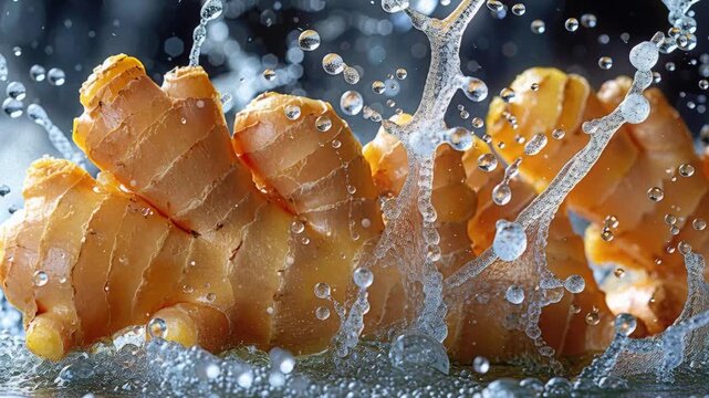 Close-up of a ginger slice in motion, submerged in water with splashing droplets Bright lighting highlights textures and water droplets Shallow depth of field focuses on subject - AI-Generated