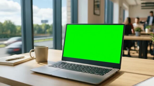 Laptop with chroma key screen on table in cafe while people move in background in timelapse. Concept of remote work and digital business.