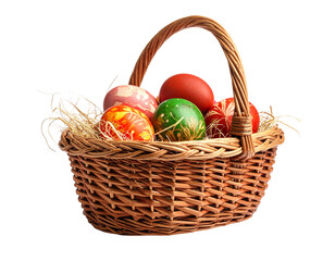 Easter basket with red and green eggs isolated png on transparent background