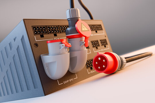 Next-generation computer power supply. An attempt to show what a new power socket for future powerful graphics cards might look like. Focus on GPU power socket and plugs.