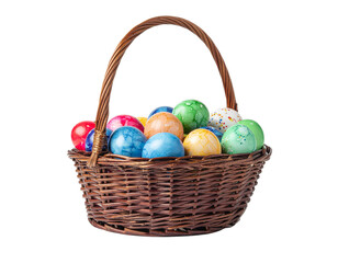Easter basket with colorful eggs isolated png on transparent background