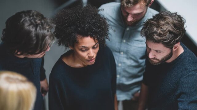 three colleagues gathered around laptop, surprised and smiling as they review prototype in modern open-plan office; product designer points at screen