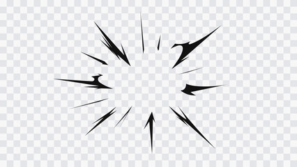 Black manga speed lines explosion isolated on transparent background. Dynamic anime action element for fight scenes, sound effects, posters and graphic design. Comic style radial impact burst effect. © Oleg