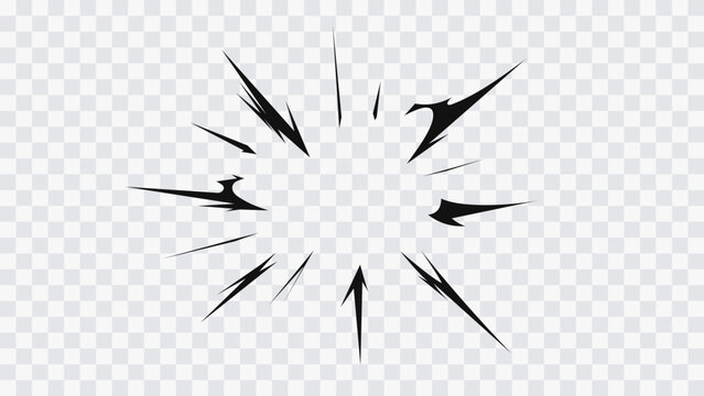 Black manga speed lines explosion isolated on transparent background. Dynamic anime action element for fight scenes, sound effects, posters and graphic design. Comic style radial impact burst effect.