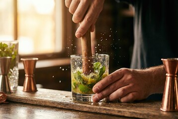 Close-up action shot of a bartender muddling fresh mint and lime, splashing liquid in a glass to make a mojito.