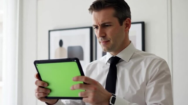 Businessman in white shirt using green screen tablet in office