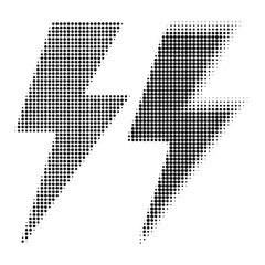 Halftone lightning bolt icon in black retro style. Dotted vector symbol for logo, print, poster and bold graphic design.