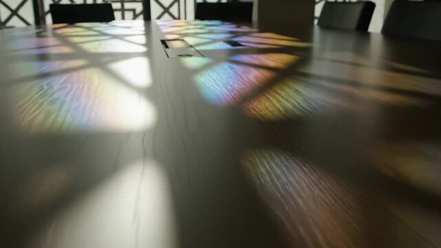 Sunlit wooden dining table with rainbow prism reflections, cozy morning interior mood for home decor and mindfulness, abstract light pattern for Easter brunch