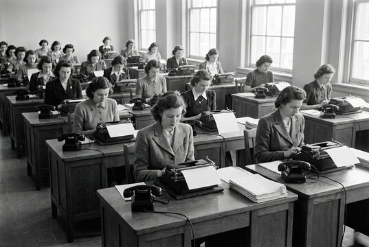 A room full of women working at desks with vintage typewriters in a 1940s office.