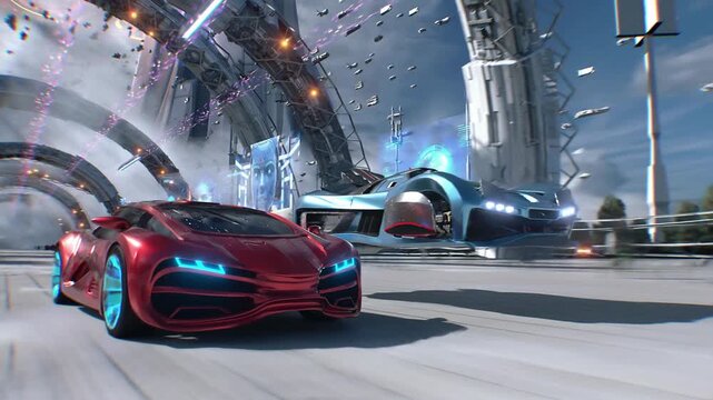 Futuristic red sport car and flying car driving fast, overtaking each other on a futuristic city. pursuit. Concept of future. 