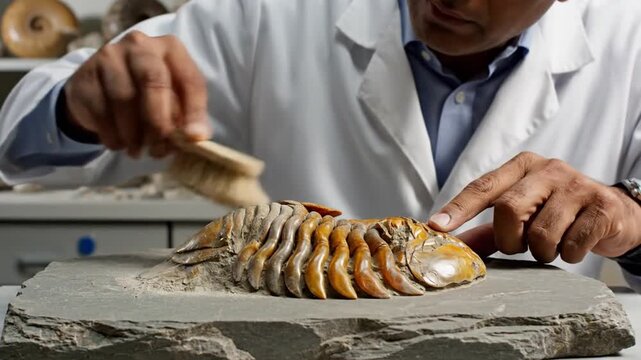 Man in lab coat brushing fossilized fish on rock in laboratory