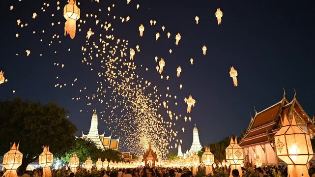 Lanterns Released at Night Festival in Thailand Temple