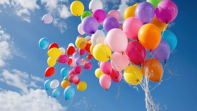 colorful balloons floating under blue sky, vibrant cluster of multicolored helium balloons rising past soft clouds with sun rays, celebratory ribbons and light,