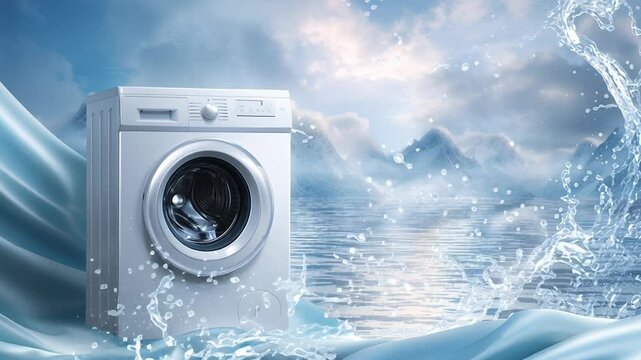 Washing machine in icy seascape satin, dramatic splashes, flowing silk, spinning drum with sparkling droplets, mountain ice backdrop, cool blue lighting