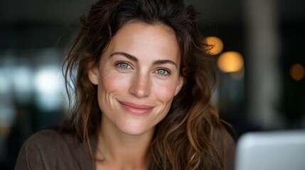 Obraz premium Young brown haired woman with freckles smiling, looking at camera. Portraying authenticity, wellness, and friendliness