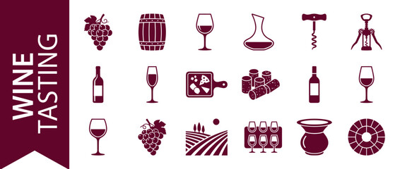 Comprehensive wine tasting icon collection with grapes, barrels, glasses, decanters, and corkscrews. Elegant burgundy flat vector graphics for winery, sommelier, vineyard, and wine tasting events.