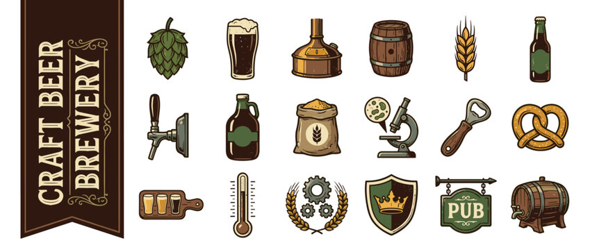 Vintage Craft Beer Brewery Icon Set featuring hand-drawn illustrations of hops, wheat, barrels, brewing equipment, beer glasses, bottles, pub signs, and pretzels for bar and tavern branding.