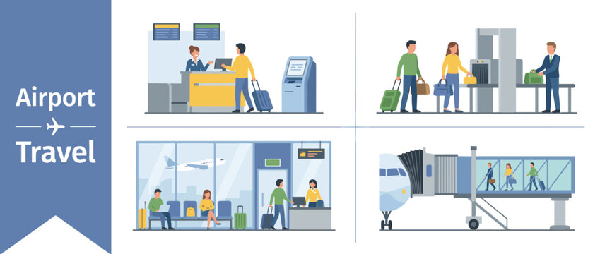 Flat Vector Illustration Set of Airport Travel Procedures Including Passenger Check-in at Counter, Security Screening with X-ray Scanner, Waiting at Departure Gate, and Boarding Plane via Jet Bridge