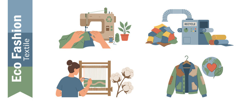 Sustainable Eco-Friendly Fashion and Textile Production Concept Featuring Fabric Recycling Machine, Manual Weaving on a Loom, Sewing Upcycled Clothing, and Organic Cotton for Ethical Apparel Design
