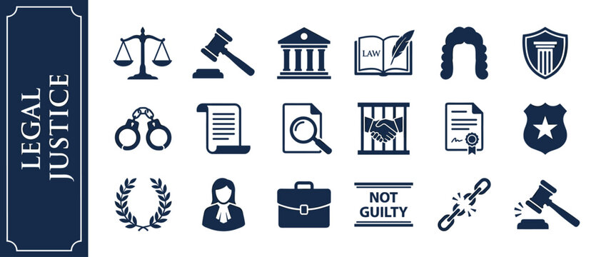 Professional Legal and Justice Icon Set with Scales of Justice, Gavel, Courthouse, Law Book, Handcuffs, and Police Badge for Law Firm Branding, Attorney Services, and Courtroom Graphic Design.