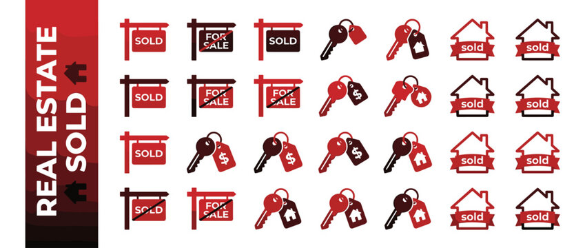 Professional real estate sold icon set with red and black signs, house keys with dollar and home tags, and property symbols. Ideal for realtors, housing market marketing, and sales graphics.