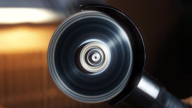 Macro close-up of a rotating angle grinder disc in motion, capturing industrial power, metalworking precision, and workshop craftsmanship with dynamic motion blur.