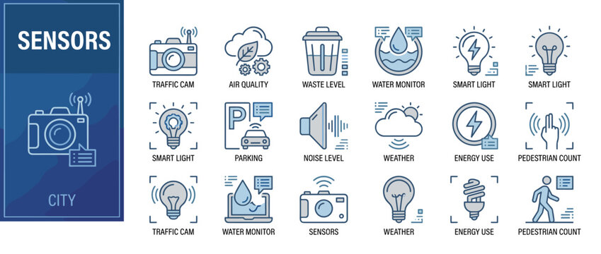 Comprehensive Collection of Smart City Sensor Icons for Urban Infrastructure Monitoring, Including Traffic Camera, Air Quality, Waste Level, Water Monitor, Smart Light, and Energy Use Symbols.