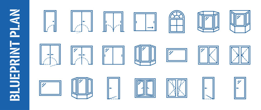 Comprehensive set of architectural blueprint plan icons for doors and windows. Technical line drawing symbols for construction, floor plans, house design, engineering, and interior layout.
