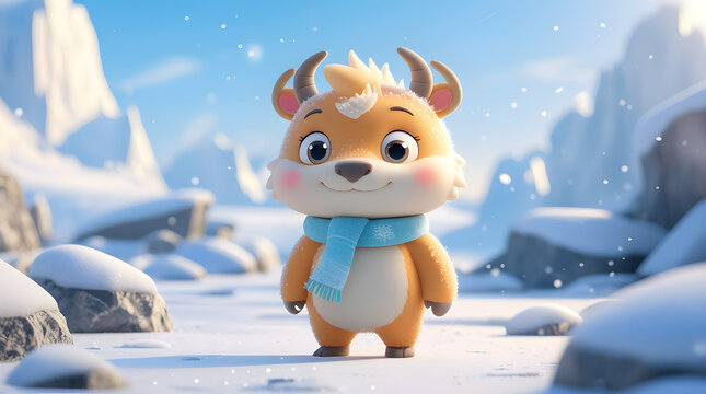 a cute teddy bear smiling and stand in a snowy place