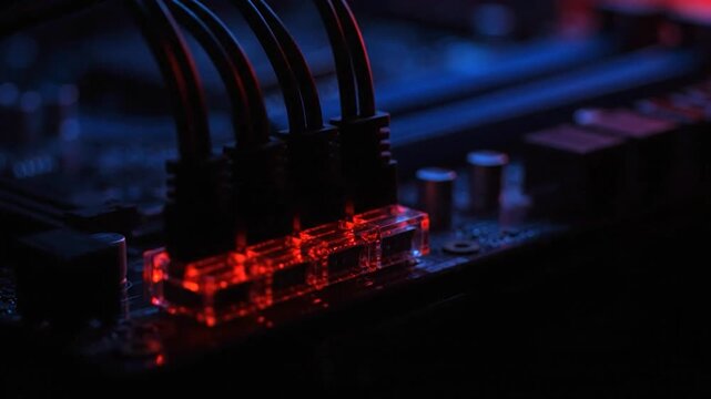 Illuminated computer component with cables in a low-light setting