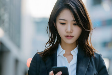 Professional young Japanese woman checking her smartphone on a city street with soft bokeh background