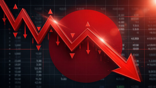 Dramatic red arrow pointing downward on financial chart representing market decline and economic loss