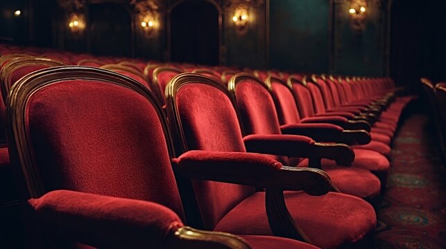 Empty red velvet seats lining a vintage theater auditorium, creating an atmosphere of anticipation for a performance or an elegant setting for cultural events