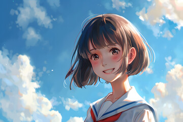 Cheerful young Japanese high school girl in sailor uniform smiling under a bright blue summer sky with sun flare