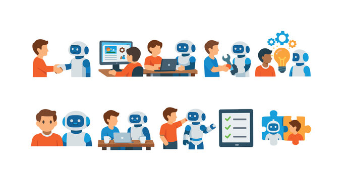 Artificial intelligence and teamwork flat icon set. collaboration and innovation symbols.